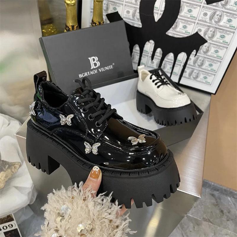 Muffin bottom Heavy industry butterfly patent leather lace-up thick heel thick sole British style fashion lace-up single shoes