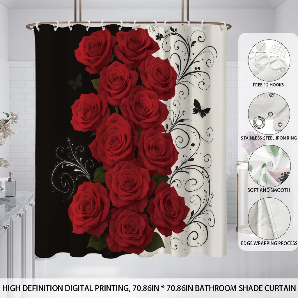 1pc Rose Printed Shower Curtain, Shower Partition, Privacy Hanging Curtain with 12 Hooks, Multiple Sizes, Easy Installation