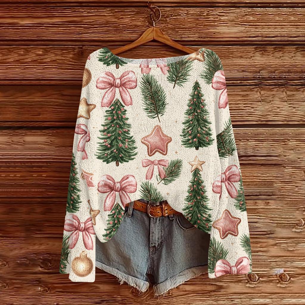 Women's Christmas Print Lightweight Sweater, Casual Long Sleeve Knit Pullover for Holiday