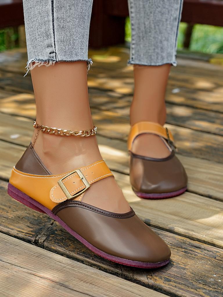 Außenhandel Retro Rundkopf Farbabstimmung Große Schnalle Weiche Sohle Bequeme Einzelne Schuhe Herbst Flacher Boden Lässig Leichte Mund Einzelne Schuhe
