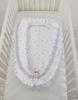 Baby cocoon/playpen with ruffles - mini gray stars on a white background/gray