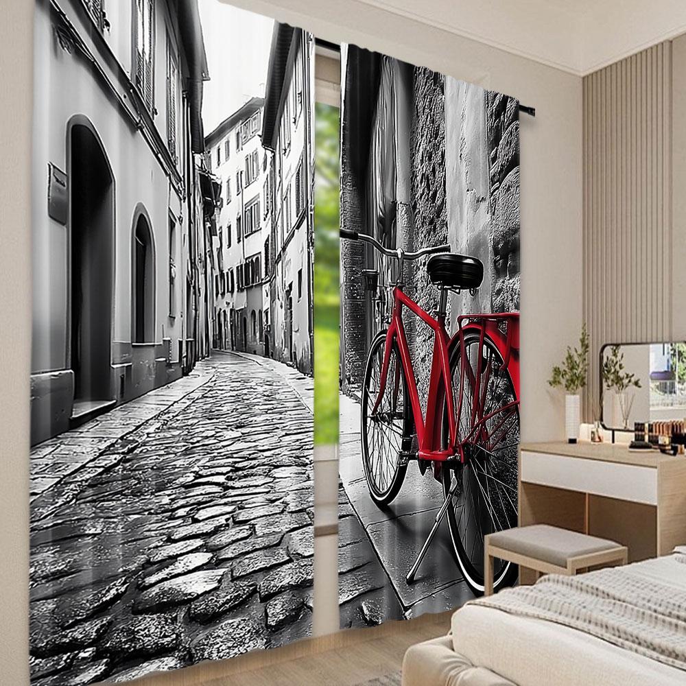 2Pcs Bicycle Curtain Vintage Look Classic Bike On Cobblestone Street In Italian Town Leisure Retro Effect Tones For Bedroom