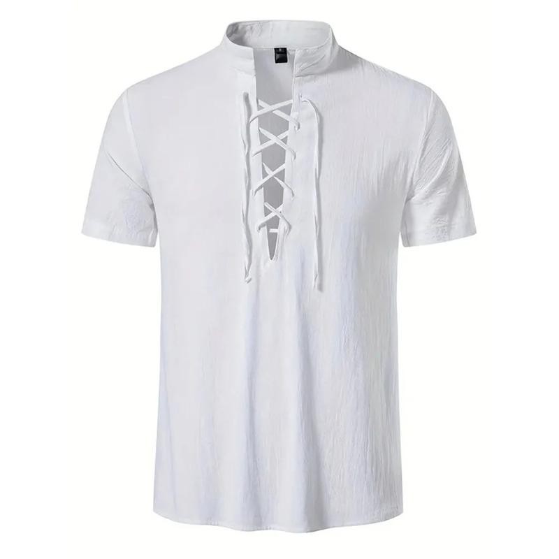

Men s Retro Shirt Short Sleeve Linen Lightweight Breathable Solid Color Fashion Pirate V Neck Stylish Shirs XXL білий