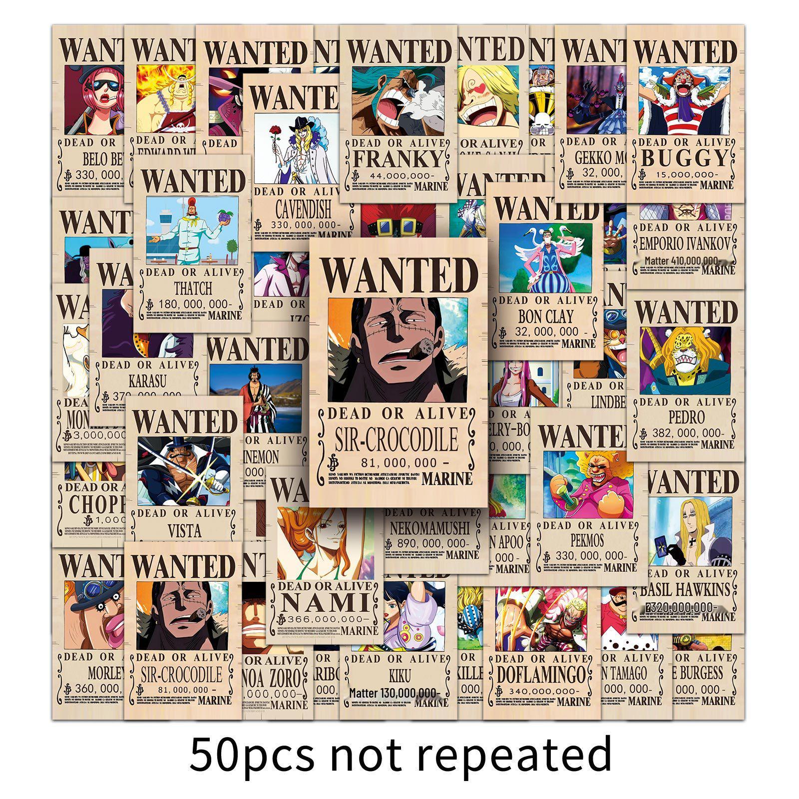 50 Pcs Waterproof One Piece Anime Wanted Poster Stickers for Thermos Cup