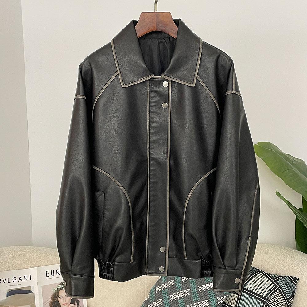 OFTBUY Women Vintage Loose Pu Faux Leather Short Jacket Pockets Motorcycle Jacket Female Zipper Retro Moto Biker Coat Outwear Tops