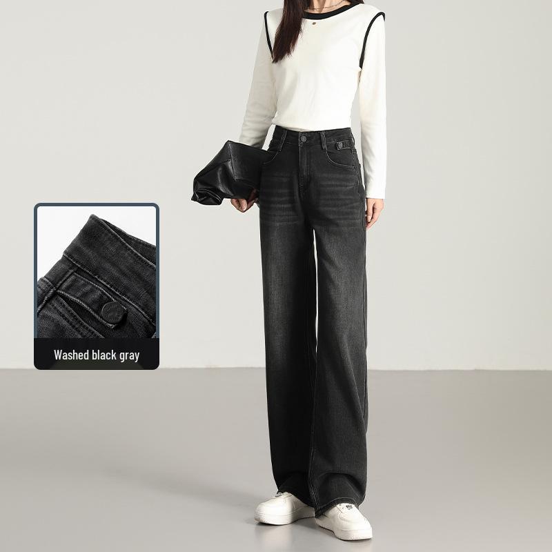 

Black & Grey High-Waisted Wide-Leg Pants with Micro-Elastic Double Buckle Straps (2025) M