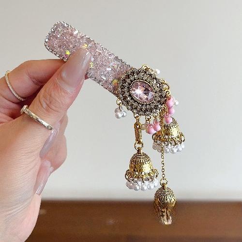 

1pc Heavy Crystal Rhinestone Bell Tassel BB Clip Ethnic Vintage Side Bangs Hair Clip for Women Forehead Flyaway Wholesale