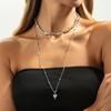 Fashion Metal Love Pendant Stacked Long Necklace, Irregular Gravel Round Bead Chain Necklace