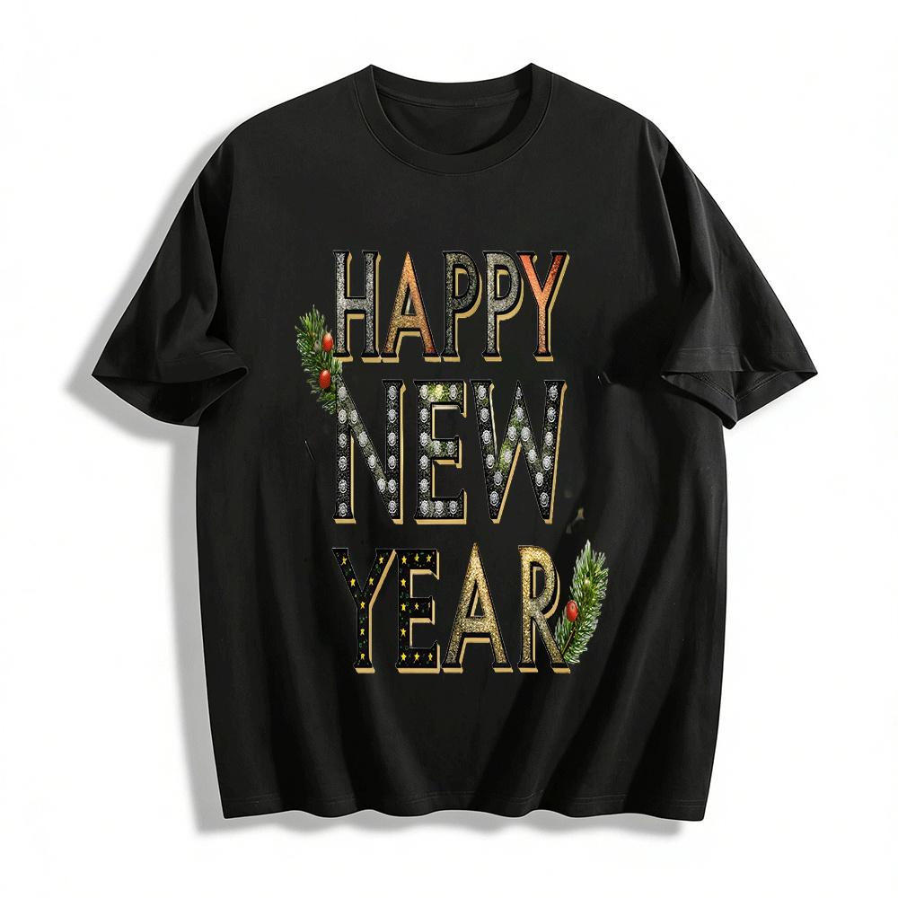 

Happy New Year Themed Printed Casual Top Unisex Holiday Tee Pure cotton T-shirt XXS