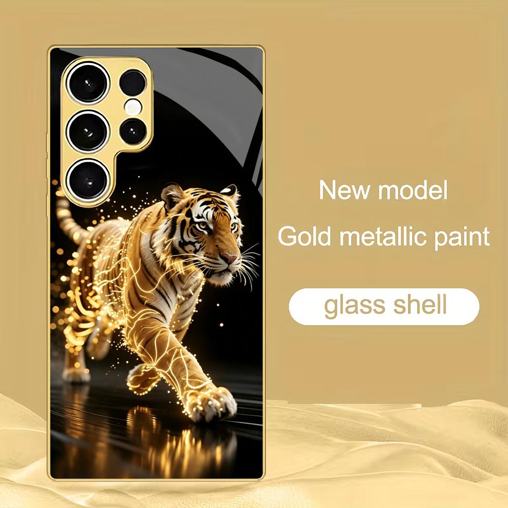 Golden Tiger Metallic Glass Phone Case Suitable for Samsung Galaxy S26 S25 S24 S22 S21 S20 FE/Ultra/Plus Anti Drop Rear Cover