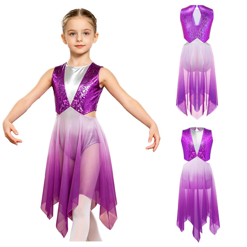 Sleeveless Keyhole Back Dress with Metallic Bodice Cutout Waist Asymmetrical Gradient Mesh for Girls Lyrical Dance Competition