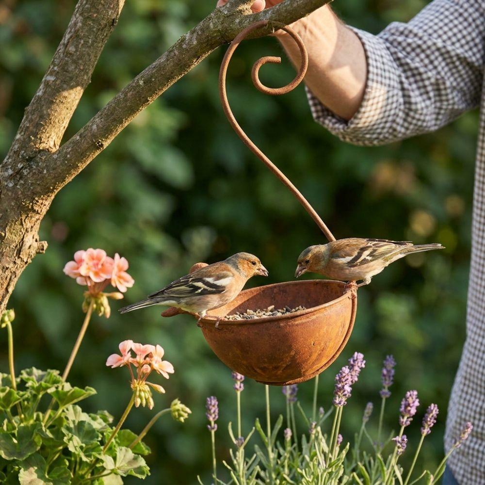 Large Capacity Hanging Bird Bath Feeder Rusty Metal Bird Water Drinker Animals Drinking Cup Garden