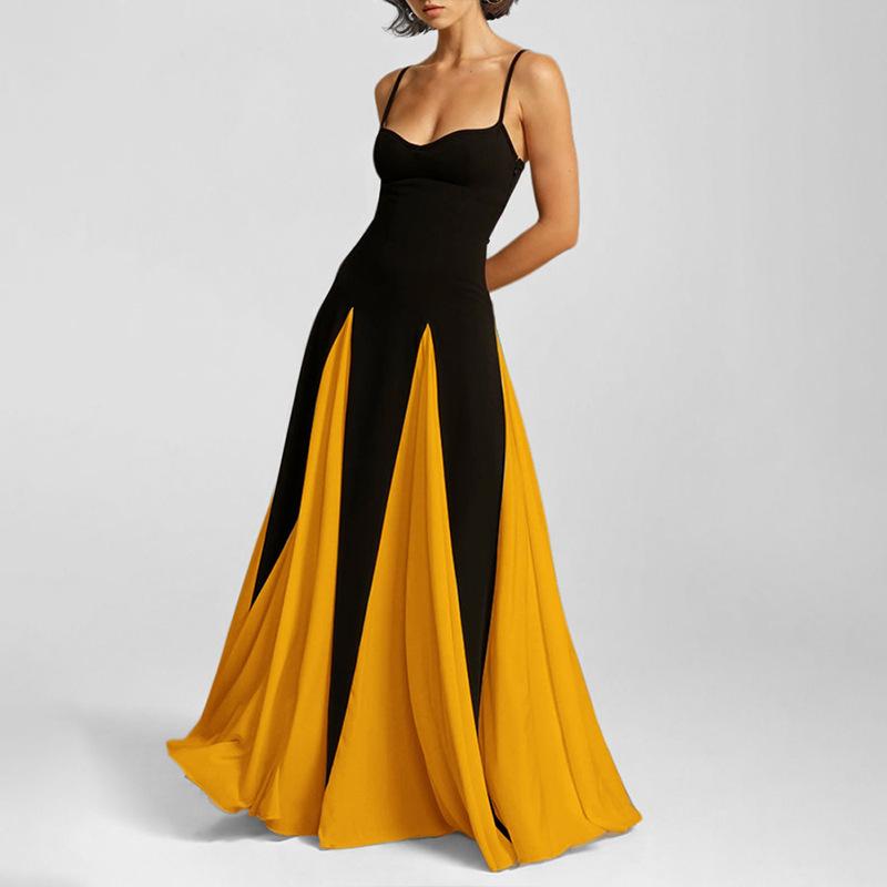 Women's Black White Color Block Maxi Dress Spaghetti Strap Sleeveless Fit and Flare Elegant Long Dress