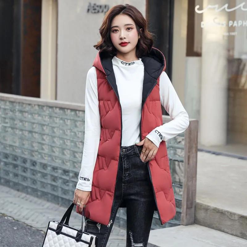 Down Cotton Vest Women's Mid-length Plus Size Thickened Autumn and Winter Fashion Slim Hooded Waistcoat Outer Wear