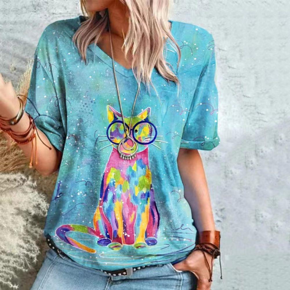 Summer V-neck 3D Cat Printed Top Fashionable Casual Short Sleeved Women's T-shirts