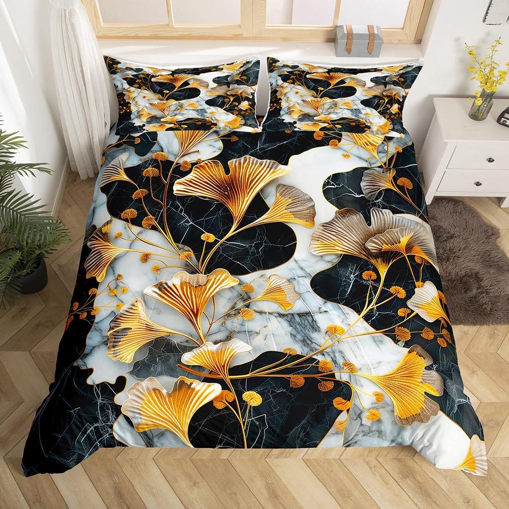 Luxury Golden Floral Duvet Cover Set Black Golden Plant Leave Decor Comforter Cover Fashion Plant Print Bedding Set With Zipper