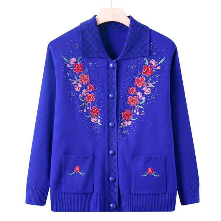 Middle-aged and Elderly Women's New Style Mother's Spring and Autumn Sweater Jacket Old Lady Sweater Cardigan Top Loose Large Size