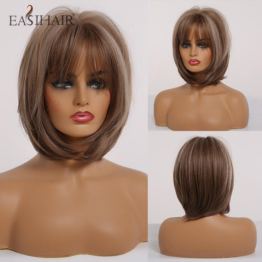 EASIHAIR Perucas de cabelo natural Bob, laranja, marrom, liso, bob, perucas sintéticas, perucas de cabelo de fibra resistente ao calor, perucas de cosplay para festa diária