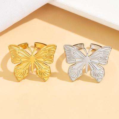 Elegant 18K Gold Butterfly Open Ring - Stainless Steel with Old Money Style
