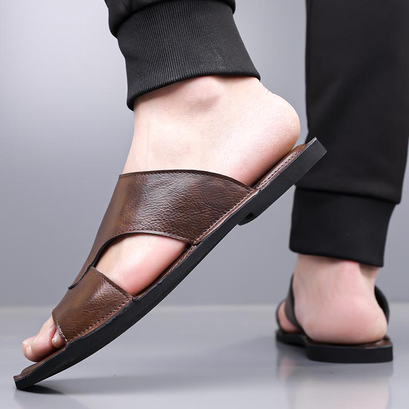Men Black Leather Slippers Handmade Simple Flats Summer Brown Roman Sandals Open Toe Beach Shoes Plus Size