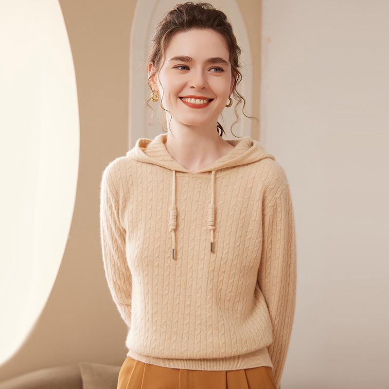 Women's Cable Knit Cashmere Hoodie: Loose, Soft, Warm, Long-Sleeve Pullover for Autumn and Winter