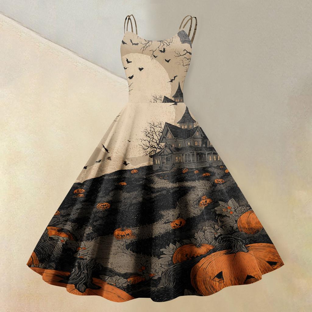 Women's Sleeveless Casual Dress with Halloween Print Round Neck Vintage Style Fit and Flare Midi Dress for Everyday Wear