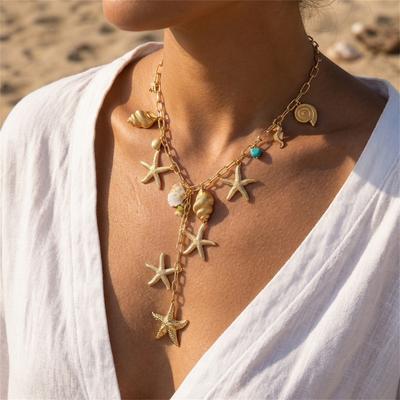 Boho Ocean Theme Gold Color Long Chain Drop Necklaces for Women Starfish Cowrie Shell Pendant Tassel Choker Beach Party Zircon