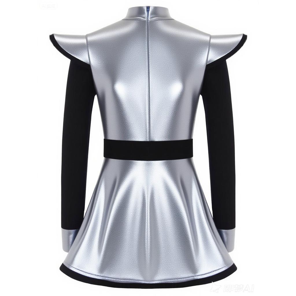 Kids Girls Alien Costume Patchwork Metallic Gloss Mock Neck Long Sleeve Back Zipper Built In Shorts Dress