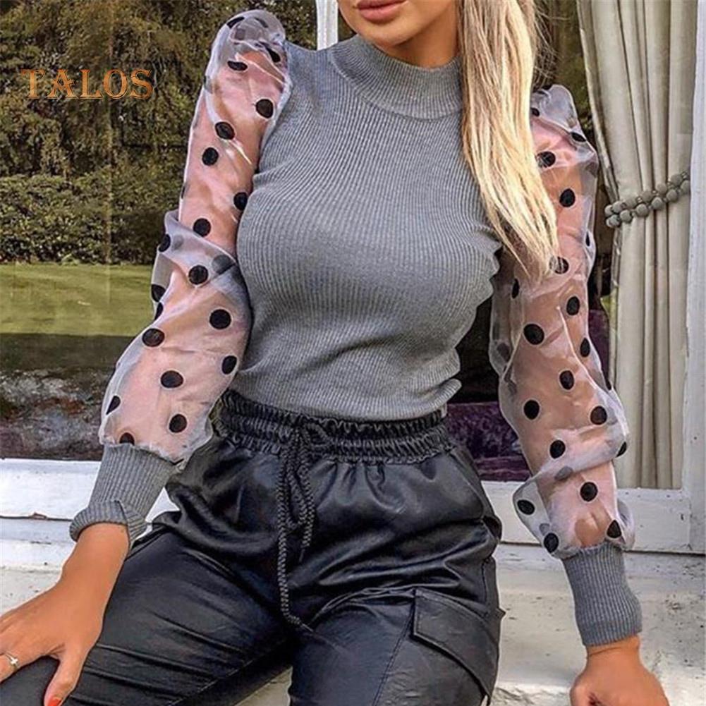 Women's Ladies Fine Knitted Polka Dots Mesh Puff Sleeve Ribbed Shirt Jumper Tops Women's Ladies Fine Knitted Polka Dots Mesh Puff Sleeve Ribbed Shirt Jumper Tops