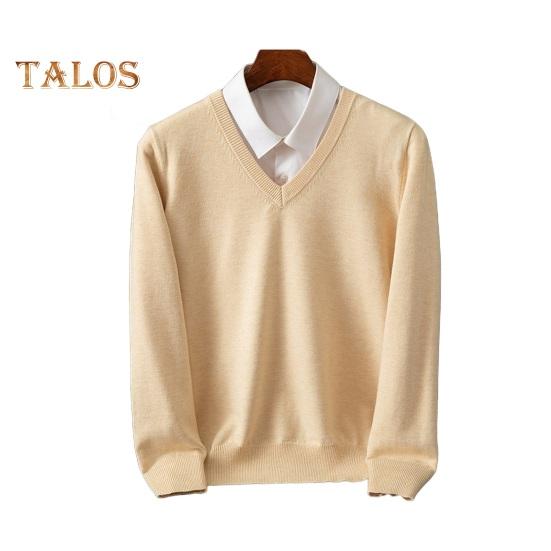 Men Fall Winter Sweater Fake Two-piece Shirt Patchwork Turn-down Collar V Neck Long Sleeves Elastic Pure Color Slim Fit Warm Knitwear