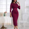 Women's Solid Color Casual Pleated Slim Fitting Long Sleeved Women's Wrap Buttocks Dress