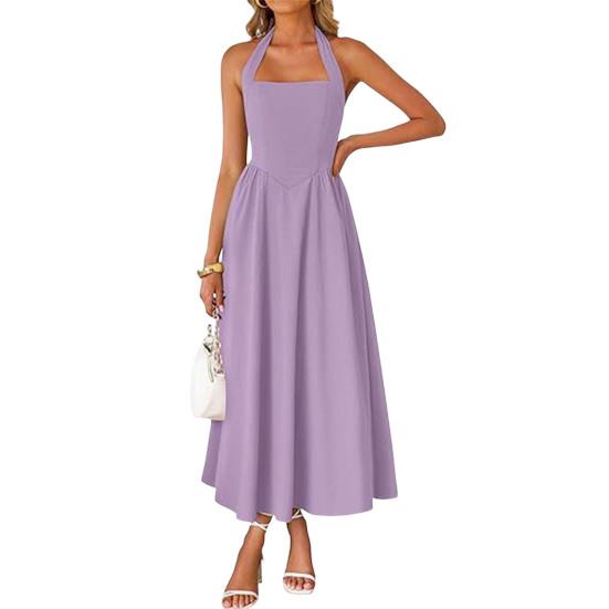 Yousheng Women's Halter Midi Dress, Summer Sleeveless Backless A-Line Long Dress, Square Neck Vacation Beach Sundress
