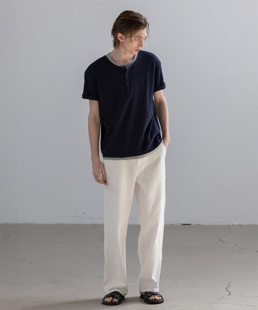 Dekkoloso Easy Layered Henley Neck Short Sleeve T-Shirt [Navy]
