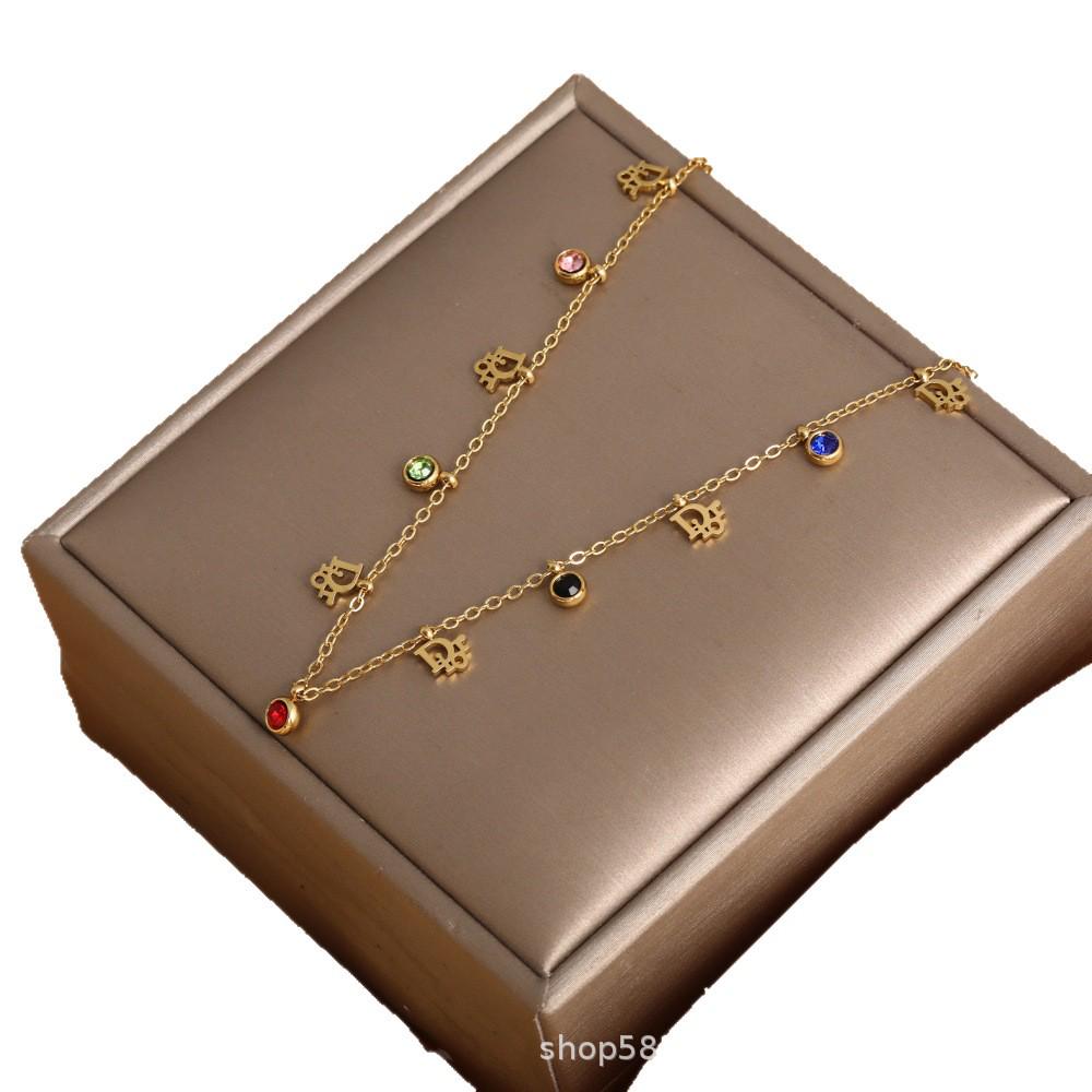 

European & American Zircon Stainless Steel Necklace for Women - Fashionable & Versatile Light Mature Style Jewelry Colorful Zircon 40+5cm