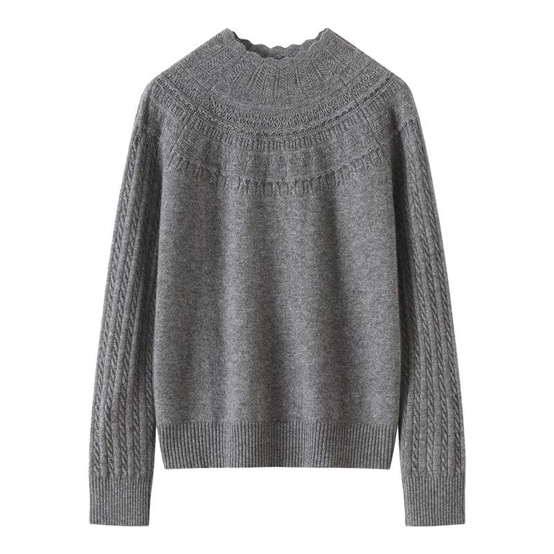 12-Gauge Women's Cashmere Crochet Hollow-Out Turtleneck Pullover Sweater