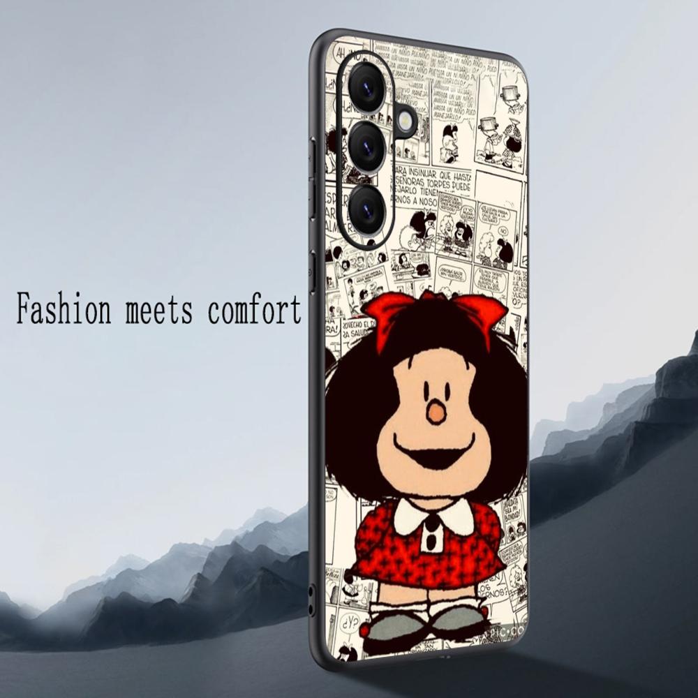 Cute Mafalda Girl Fashion Pattern Phone Case For Samsung Galaxy S25 S24 S23 S22 S21 S20 Plus Ultra Note20 Soft Black