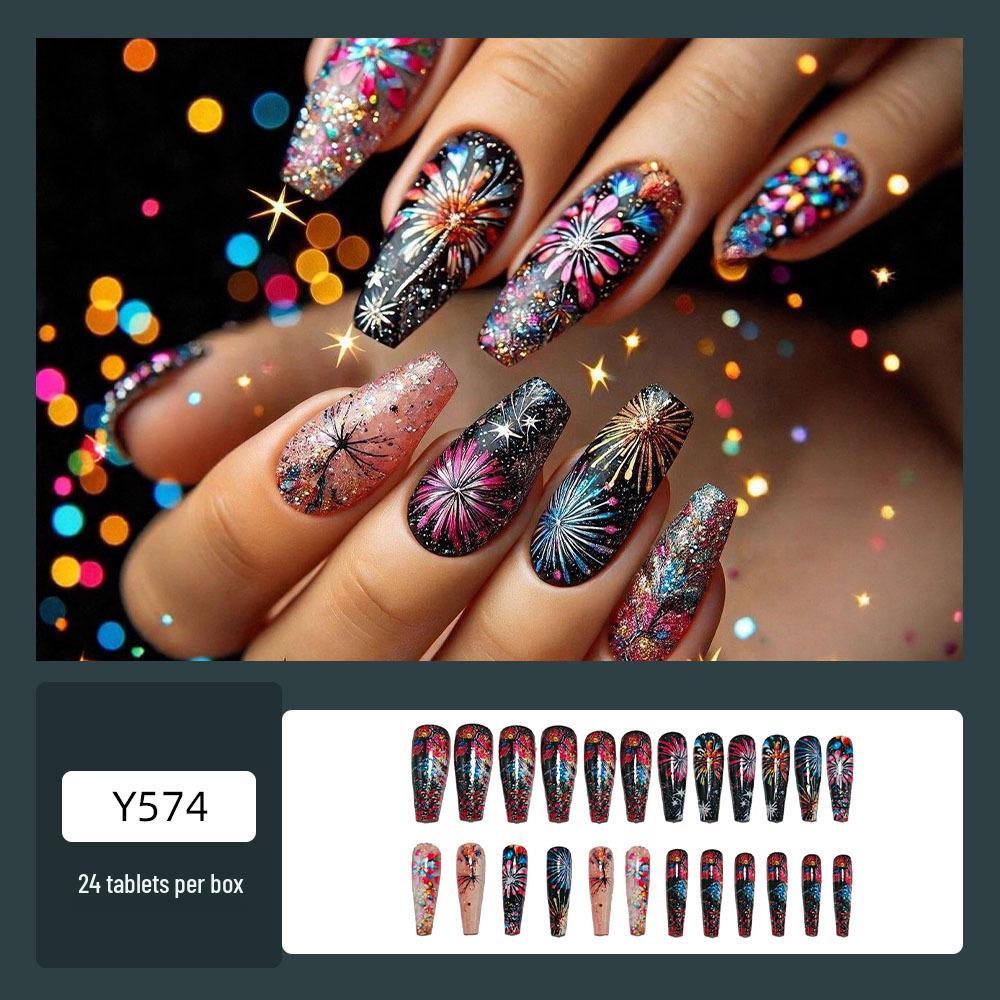 Long Ballet-Shaped Firework Nail Art Stickers - 24 Removable, Wearable New Year Designs