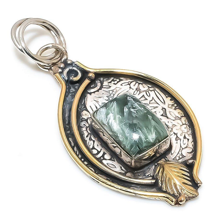 

Двухцветный кулон из стерлингового серебра 925 пробы с натуральным серафинитом, размер 2,29 дюйма, n1Z67