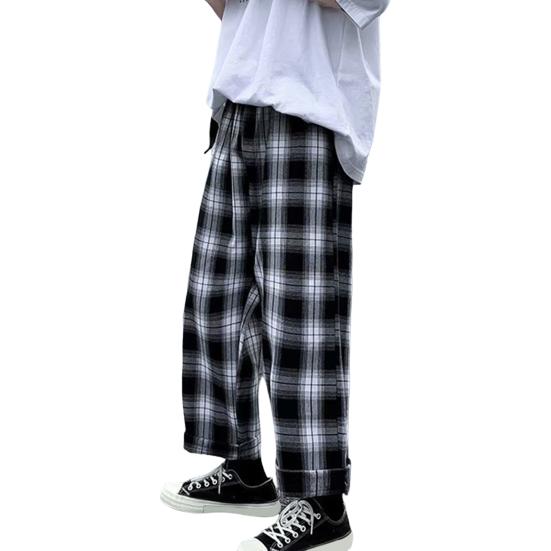Men Pants Plaid Streetwear Wide Leg Elastic Waist Loose Sports Pants Trousers for Autumn