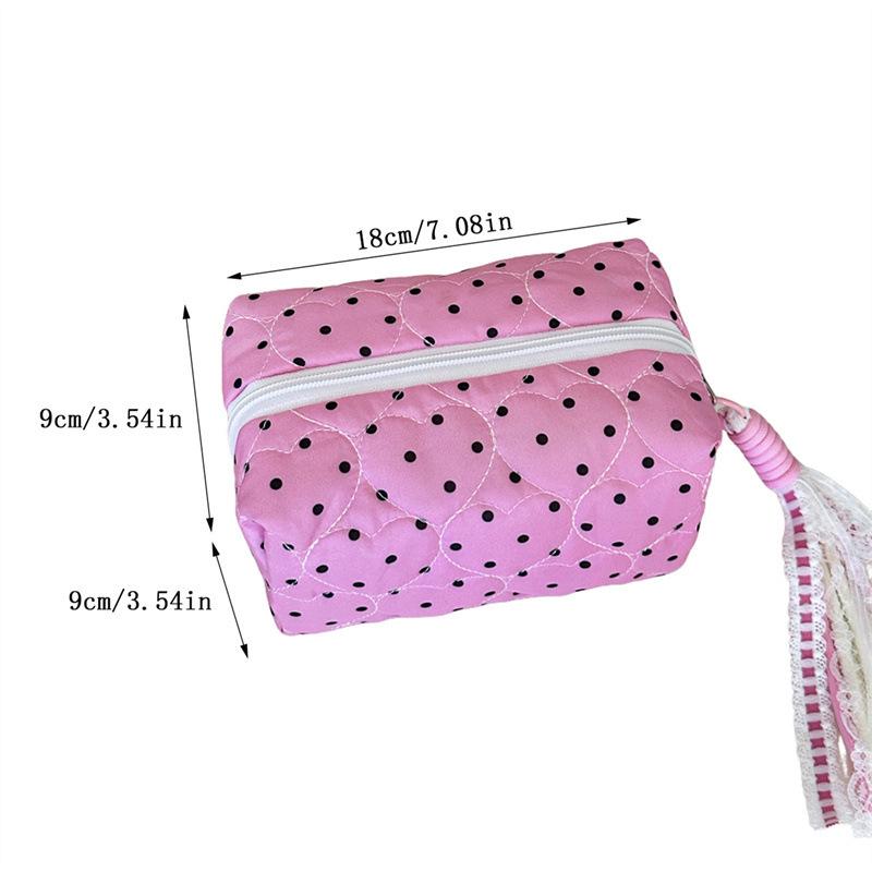 Polka Dot Heart Quilted Makeup & Skincare Travel Bag - Large Capacity with Zipper
