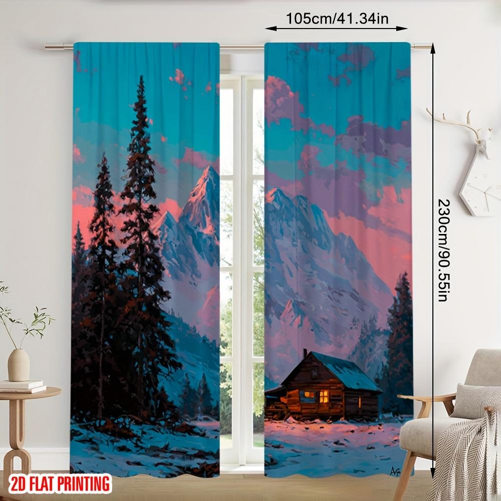 2D Flat   [2D Printed Curtains]   2pcs   winterChristmas   Snow Mountain Cabin and Pine Sunset Design   Polyester   Perfect for Living