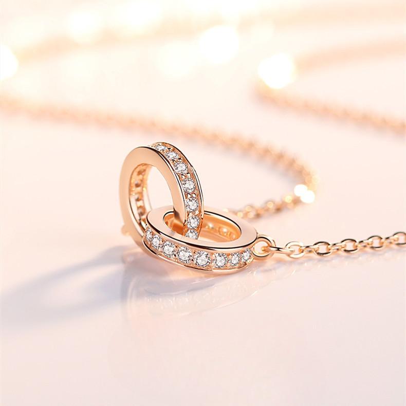 Colier cu inel dublu din argint 925 Colier cu cataramă cu inel elegant și la modă pentru femei Colier cu inel dublu cu diamante