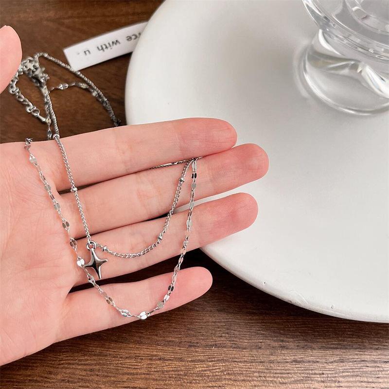 Cross Star Double Sequined Neck Chain Necklace Hip Hop Personality Choker Female Collarbone Chain Lip Chain