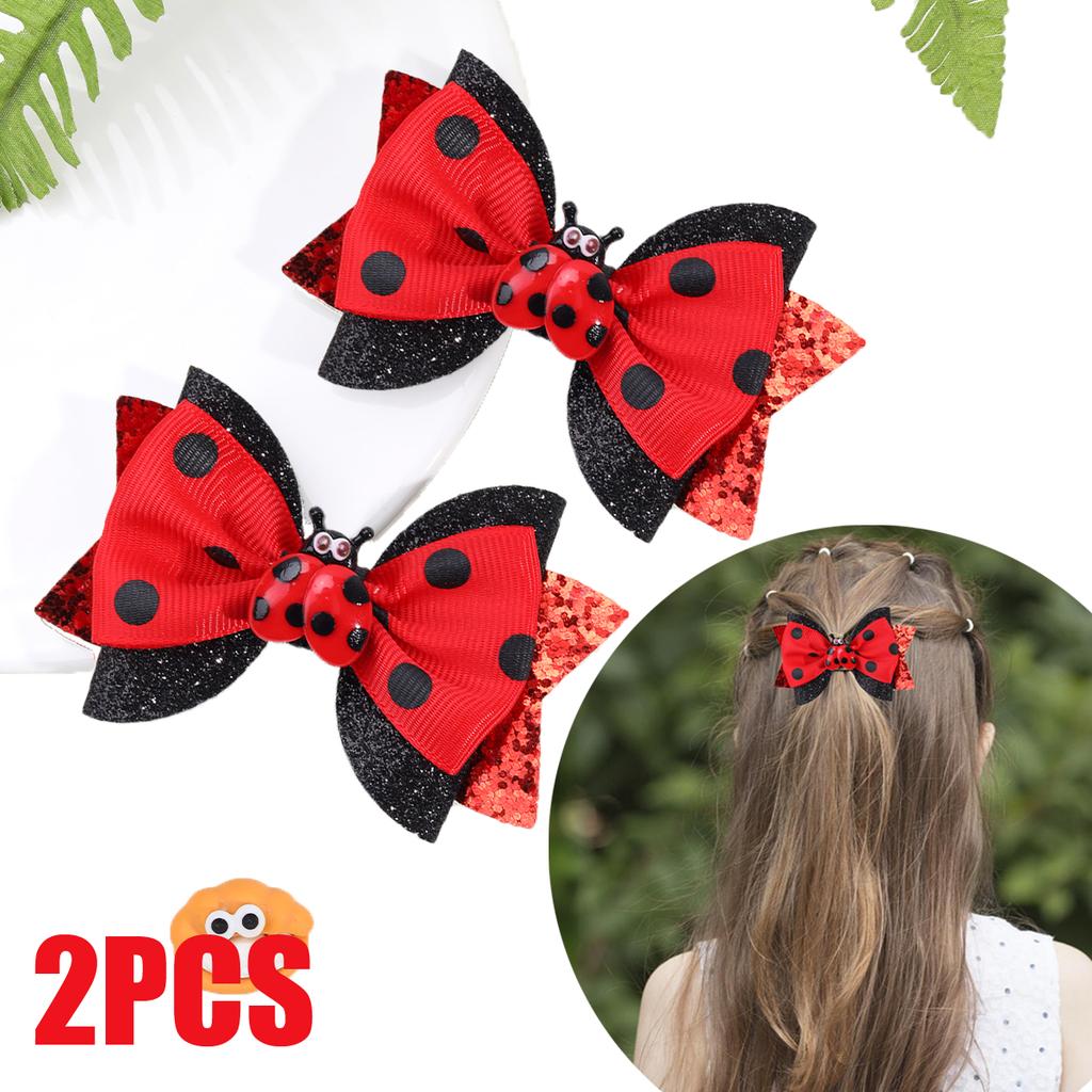 2Pcs Cute Insect Bowknot Hair Clips For Girls Kids Red Novelty Fashion Cotton Dots Braids Headdress Hairpicks Accessories