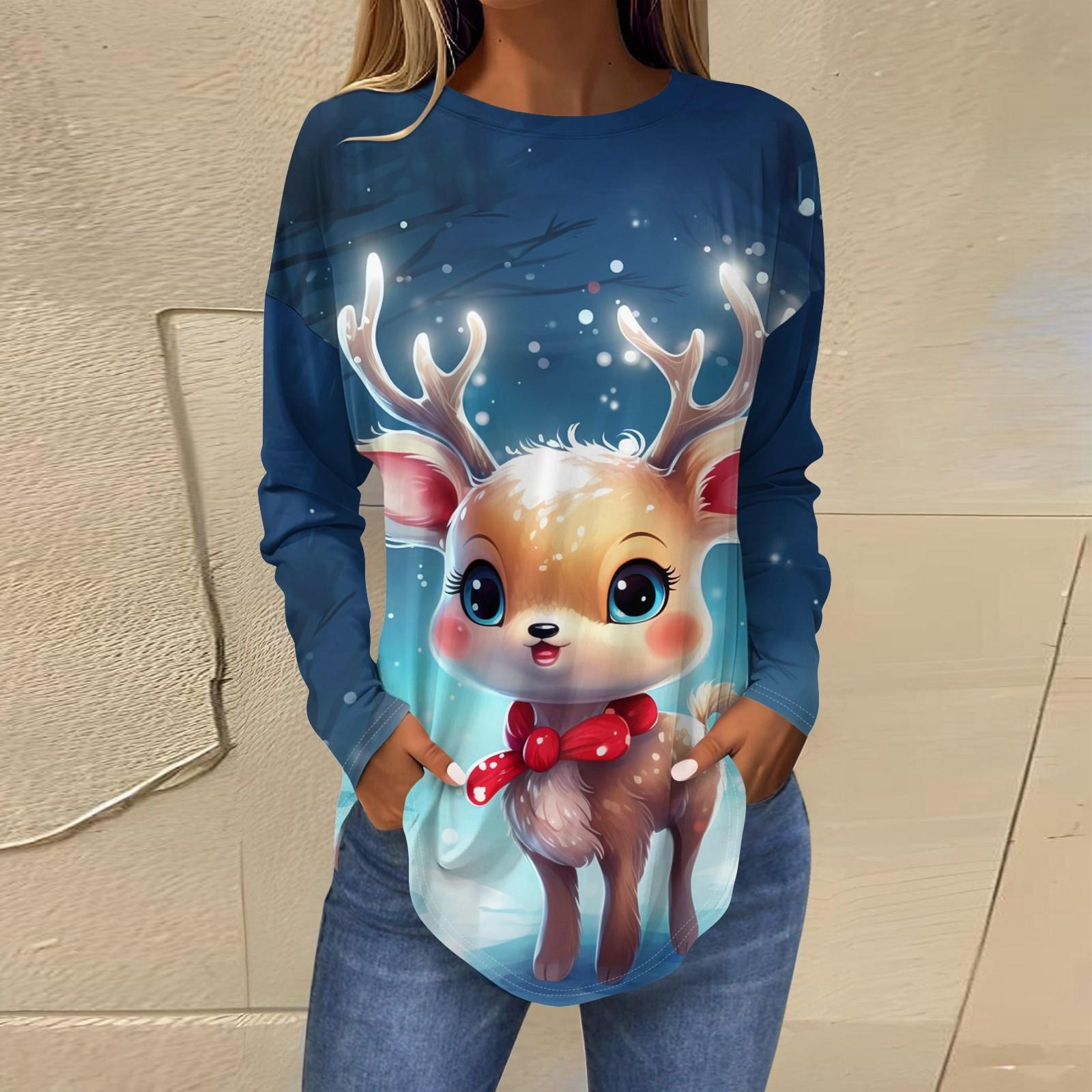 

Футболки для женщин, осенние повседневные рубашки с длинными рукавами, толстовка с ретро-принтом, топ для рождественской вечеринки, пуловер M синий