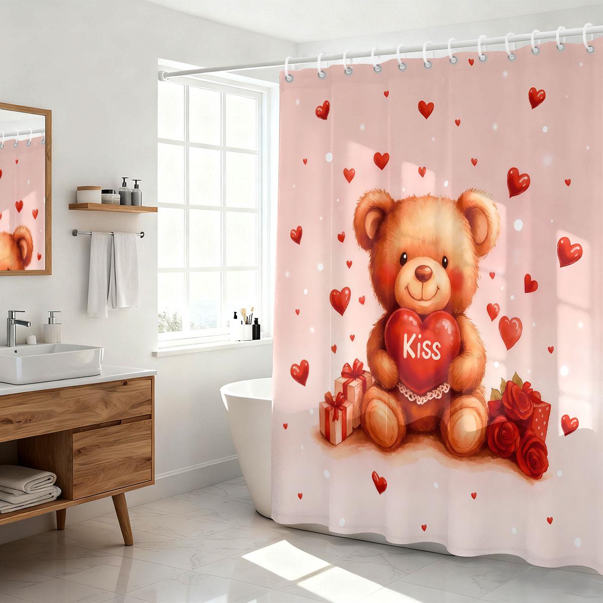 

1pc Valentine s Day Happy Romantic Bear Print Waterproof Shower Curtain Partition Privacy Hanging Curtain 12 Hooks Multiple Si 150x180cm