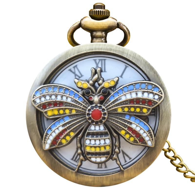 

Vintage Cutout Clamshell Bronze Insect 3D Carved Fashion Necklace Quartz Pocket Watch Roman Literal Jewelry Gift бронзовий