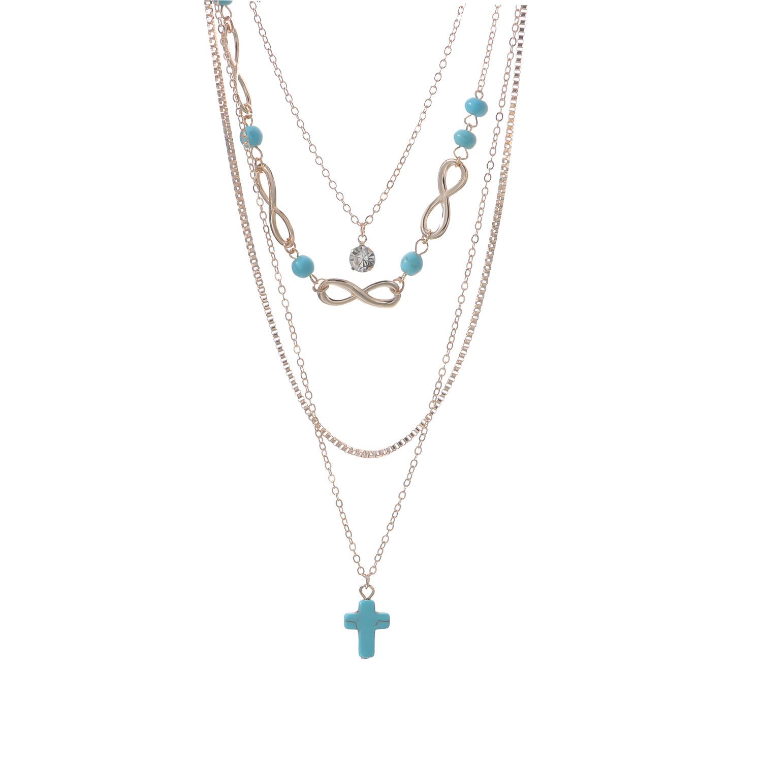 Multi-element combination necklace, good luck number 1 turquoise cross, multi-layer jewelry золотой