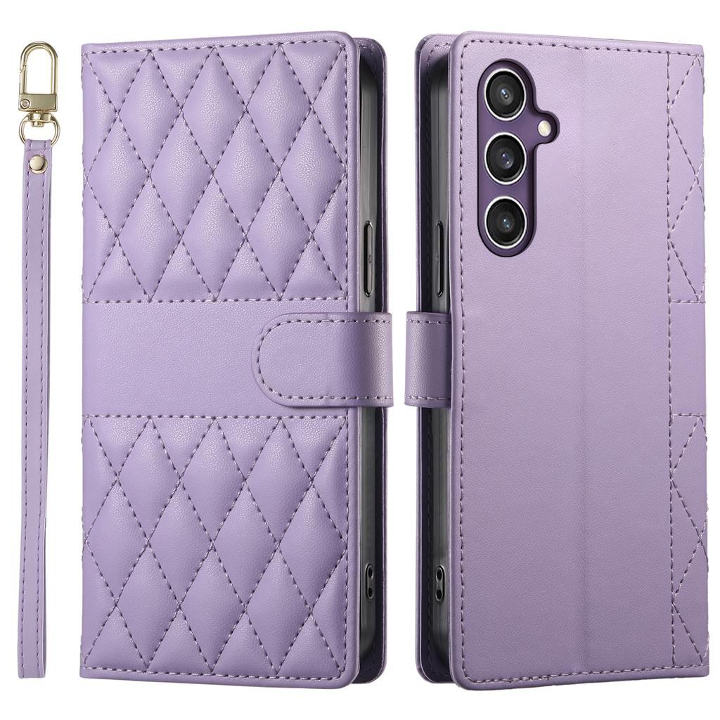 For Samsung Galaxy S23 FE Case Rhombus Stitching Wallet Stand Leather Phone Cover with Long/Short Strap