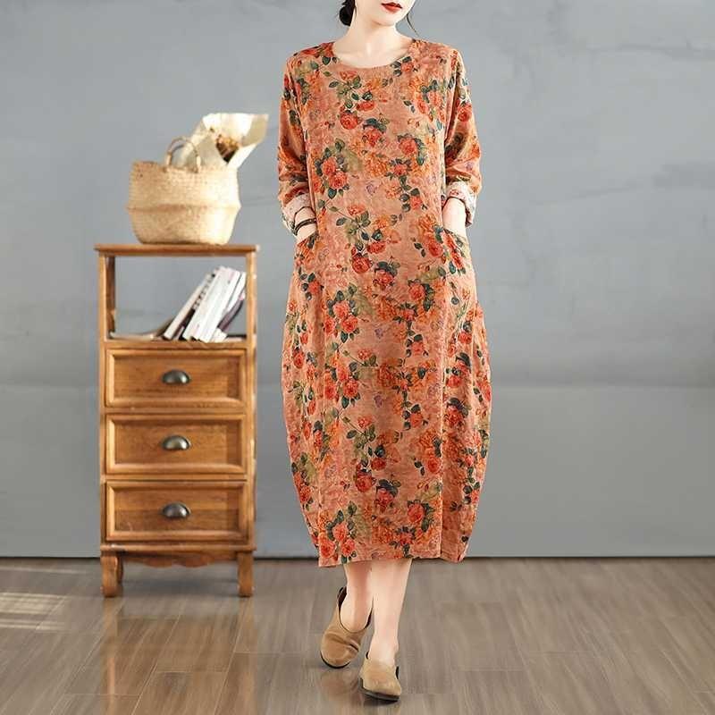 2025 Vintage Printed Round Neck Long Sleeve Patchwork Loose Plus Size Long Dresses
